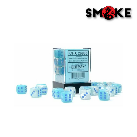 Chessex - Dadi - 12mm d6 Dice Block 36 dadi - Gemini -  Pearl Turquoise - White/blue