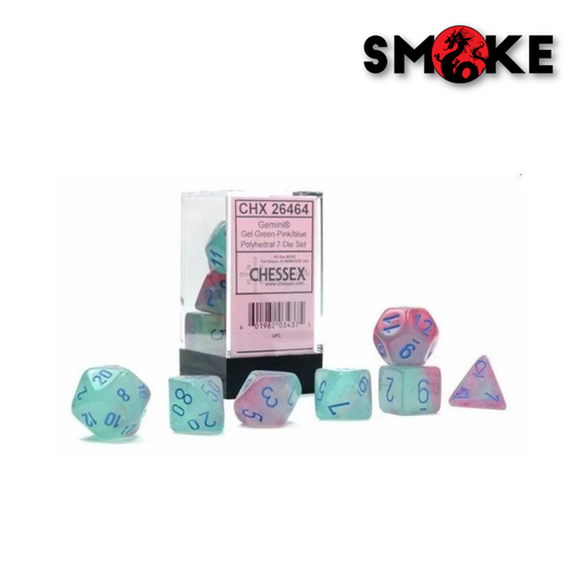 Chessex - Dadi - Polyhedral 7 die set Gemini Gel Green - Pink/blue